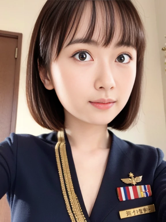 Worshipping for the camera、Navy uniform、Wearing a medal、Japanese women,(whole body)、mini skirt、 Very beautiful face, A lovely and delicate face, Beautiful girls, Beautiful realistic face,