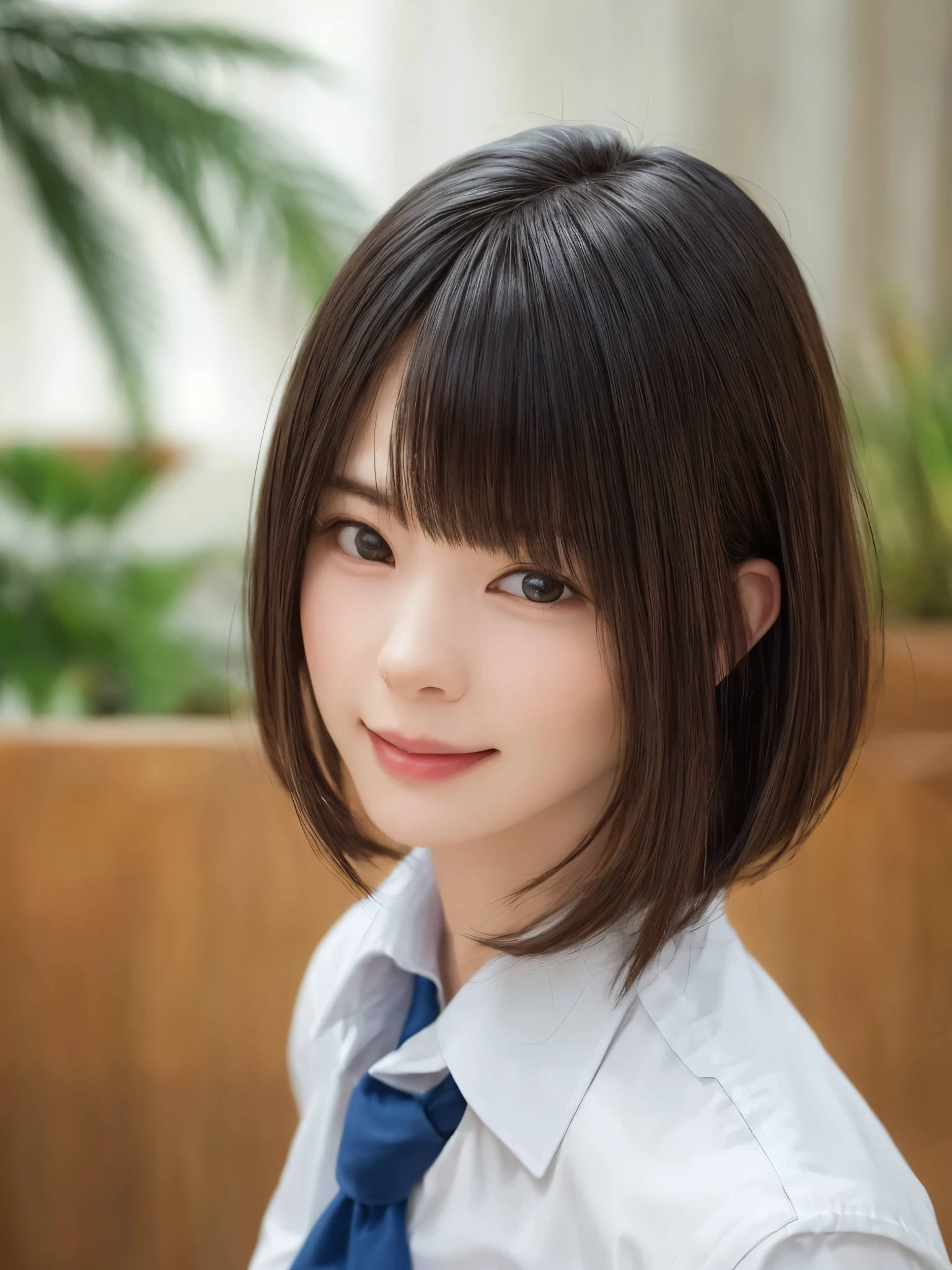 (Masterpiece:1.6), (Realistic, RAW Photos, highest quality: 1.6), (One Girl), Beautiful Face, (超Realistic Face、シンメトリーのBeautiful Face、happy smile with closed mouth), (Black Hair, short hair:1.6、bangs:1.6、Looking into the camera), Beautiful hairstyle, (Realistic eyes), Beautiful details, Long eyelashes, Put out your ears、Beautiful long neck、(Realistic Skin), Beautiful Skin, lips、[Big Breasts:1.3], (Perfect body:1.3), (Detailed body:1.2), (tie), (Collared shirt, Pleated skirt:1.3), Absurd, charm, Ultra-high resolution, Ultra-realistic, Very detailed, Golden Ratio,Very cute beautiful woman、28 years old