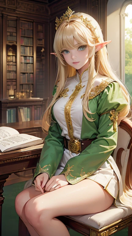 (((masterpiece, highest quality, High resolution, Attention to detail)))), One, ((Fantasy)))), (Elf Woman)))), (White short skirt with gold embroidery), (long blonde straight hair), (Shiny dark green eyes), (Green surcoat with gold embroidery), big, (((Royal Capital National Library)), (A large space with lots of books)), sit on a chair and read a book , Particles of light flying