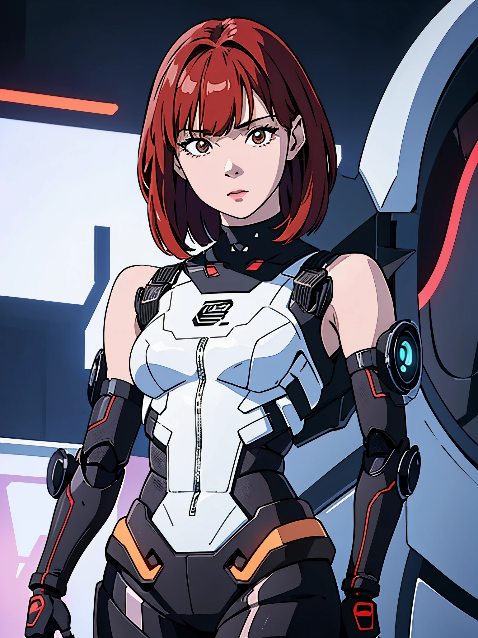 digital art drawing, illustration of (Winter from k-pop group aespa, short red hair with bangs, brown eyes, flat chest, cyborg girl, android, droid, mechanical fusion, exoskeleton, metal robotic arms, evil look, wires and cables connecting to the head, neon details, cyberpunk 2077), anime drawing/art, bold linework, illustration, digital art, masterpiece, flat illustration, no shadows, 8k resolution, high detail, vector art, only anime, perfect eyes, perfect hands, perfect fingers, sharpness, high clarity, medium shot, high fidelity
