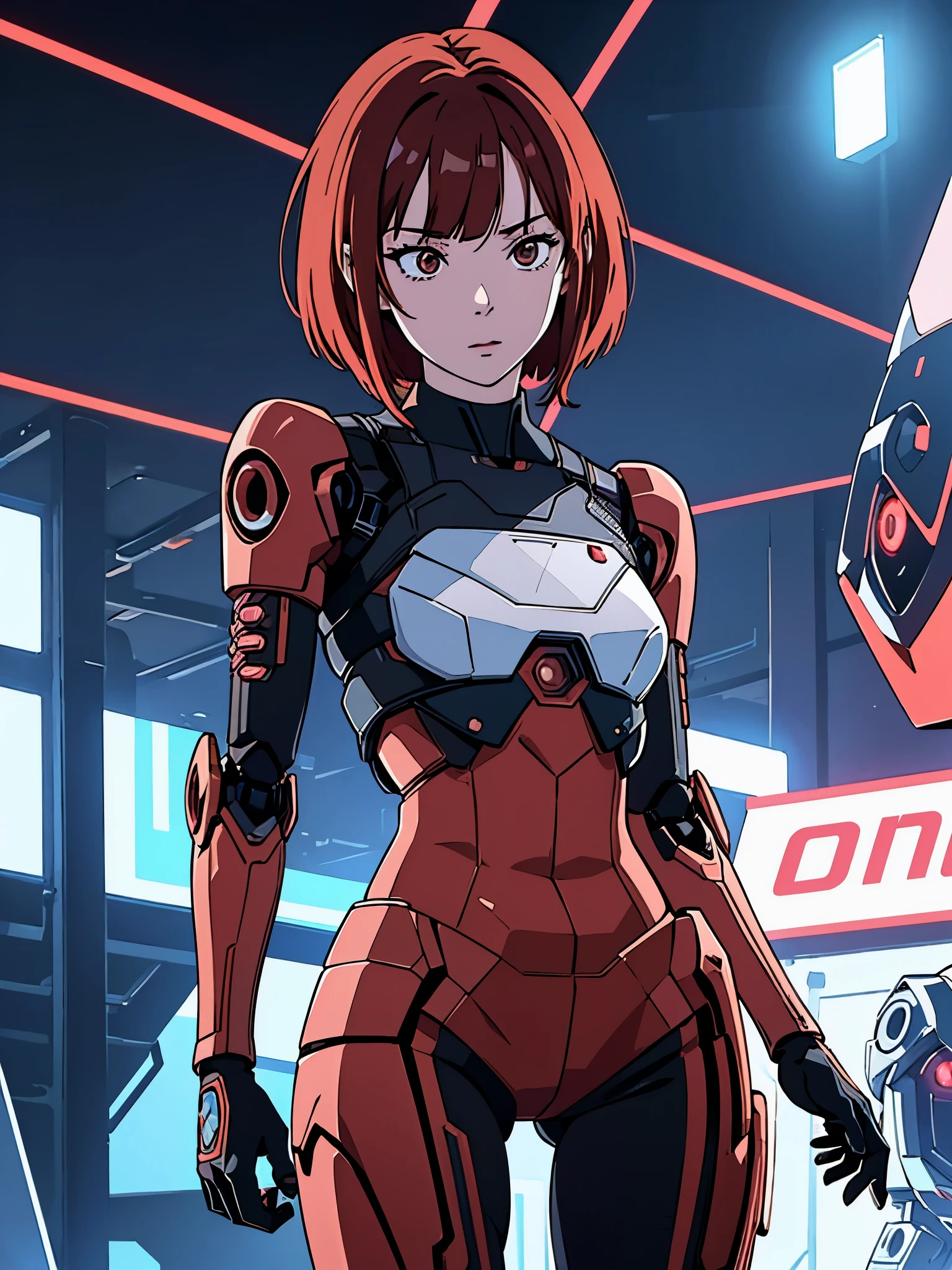 digital art drawing, illustration of (Winter from k-pop group aespa, short red hair with bangs, brown eyes, flat chest, cyborg girl, android, droid, mechanical fusion, exoskeleton, metal robotic arms, evil look, wires and cables connecting to the head, neon details, cyberpunk 2077), anime drawing/art, bold linework, illustration, digital art, masterpiece, flat illustration, no shadows, 8k resolution, high detail, vector art, only anime, perfect eyes, perfect hands, perfect fingers, sharpness, high clarity, medium shot, high fidelity
