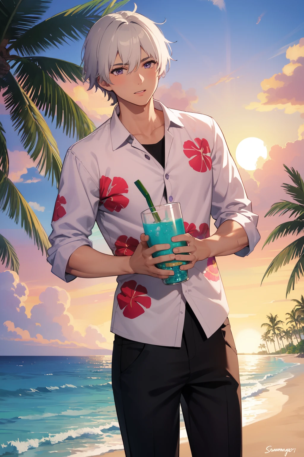 A man in a hawaiian shirt holding a drink on the beach - SeaArt AI