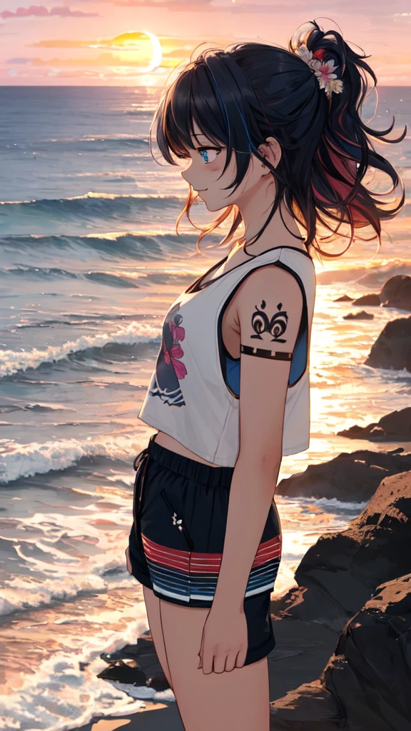 (masterpiece, best quality, ultra detailed, ultra high resolusion, highres,8k:1.4), BREAK,(from side:1.2), 20_years_old, 1giri standing-at-the-edge-of-the-waves,smile, beach, (looking away:1.7), (dark_skin:1.2),(tribal_tatoo:1.2),(wavy hairs),(messy hair),(asymmetry bangs),(multicolored hair),
Tsurime Eyes, (((blue eyes))),
((flower hair ornament)),(shortpants,tanktop:1.4), (sunset:1.3),
BREAK, monochrome, lineart-style,
