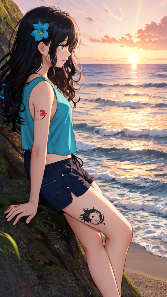 (masterpiece, best quality, ultra detailed, ultra high resolusion, highres,8k:1.4), BREAK,(from side:1.2), 20_years_old, 1giri standing-at-the-edge-of-the-waves,smile, beach, (looking away:1.7), (dark_skin:1.2),(tribal_tatoo:1.2),(wavy hairs),(messy hair),(asymmetry bangs),(multicolored hair),
Tsurime Eyes, (((blue eyes))),
((flower hair ornament)),(shortpants,tanktop:1.4), (sunset:1.3),
BREAK, monochrome, lineart-style,