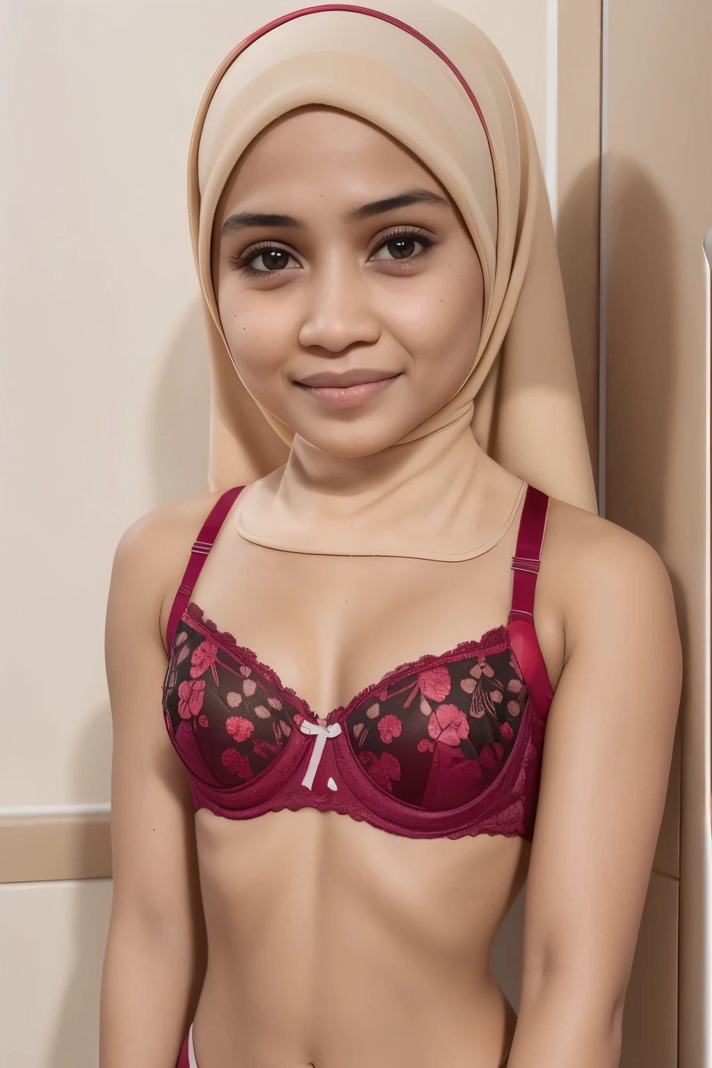 see-through T-shirt, Bodybuilder Naked, (((HIJAB MALAY GIRL))), masutepiece, High quality, UHD 32K, Realistic face, Realistic skin feeling , A Japanese Lady, 8 , , Very cute and baby-like face, (((FLAT CHEST))), (MATRIX WORLD), ((look In front  at the camera and SADNESS)), ((())), (((CUTE GIRL))), ((RED LIPS)), ((wering lingerie Bra Floral Pattern)) little Bodybuilder (T-Shirt)