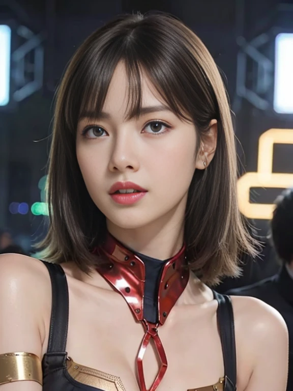 （Fight against mechanical robot soldiers）、whole body、highest quality、masterpiece、超A high resolution、(Futuristic female warrior),（first round）、(Photorealistic:1.4)、RAW Photos、1 girl、Golden Hair、Glowing Skin、((Beautiful girl))、((Ultra-Realistic Details))、Portrait、（Small LED Lamp）、(With cutting edge weapons),Global Illumination、Shadow、Octane Rendering、8k、Underarm、Super sharp、huge 、Small LED Lamp、Bare skin exposed in the cleavage、Red bodysuit、Underarm、Cyberpunk city background、Intricate decorative detailore about Japan、Very intricate details、Realistic Light、CGSoation Trend、blue eyes、Shining Eyes、To the camera、Neon Details、（Put your hands behind your back）、big breasts、Nipples、first round、Tie your hands behind your back(Red Metallic Bodysuit),、