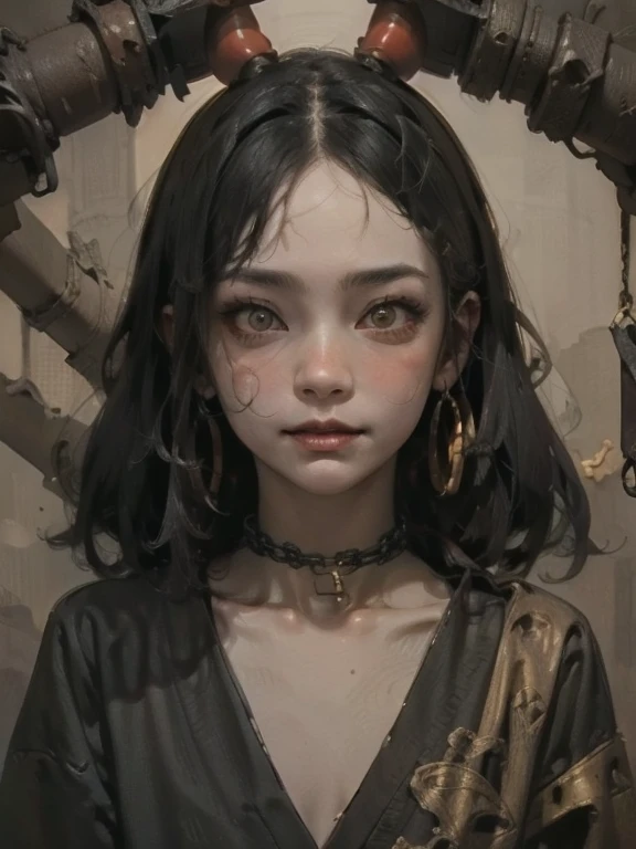 (masterpiece: 1.2, highest quality),((Sunburned skin))、 nightmare, doll-like face, Horror elements 、Unique atmosphere、Colorful devil clown, Japanese painting, creepy appearance, Characteristic hairstyle,(Colorful hair colors)、collar with chain、National costume