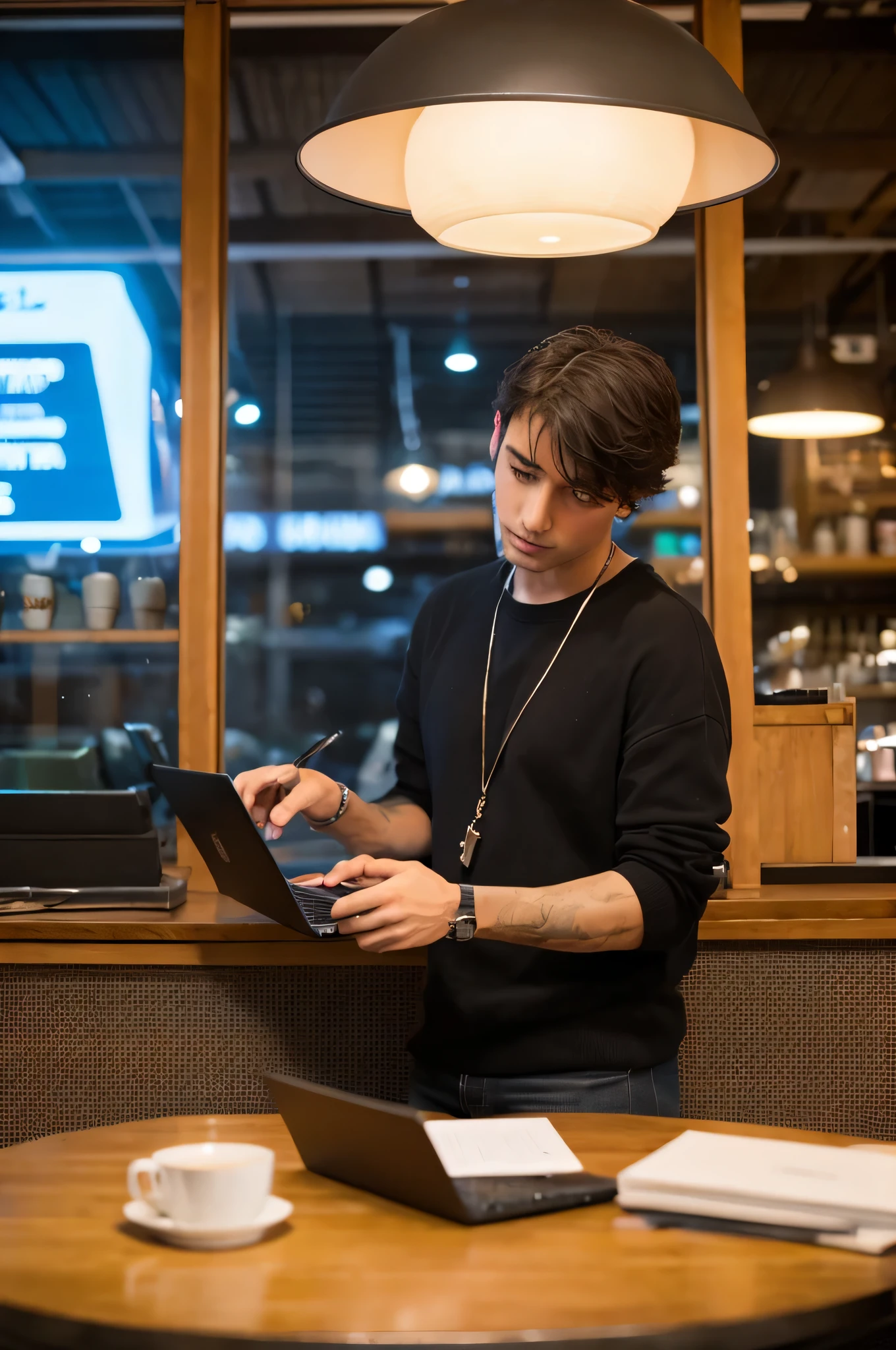 A beautiful French man, operating a laptop in an urban café. Please create a photo as realistic as possible.