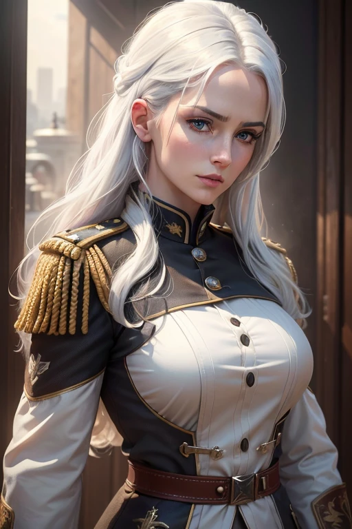 (best quality,4k,8k,highres,masterpiece:1.2),ultra-detailed,(realistic,photorealistic,photo-realistic:1.37),woman with white hair and wearing kingdom military uniform