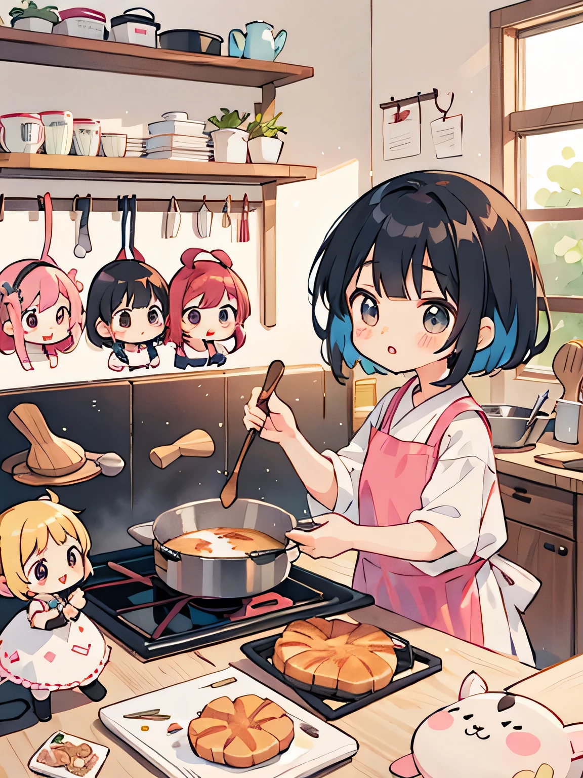Momoko Sakura style, Kawaii Design, (((10 people)))、most beautiful girl ever、Chibi, Colorful bob hair、((Lots of friends))、children's room、(((cooking together)))