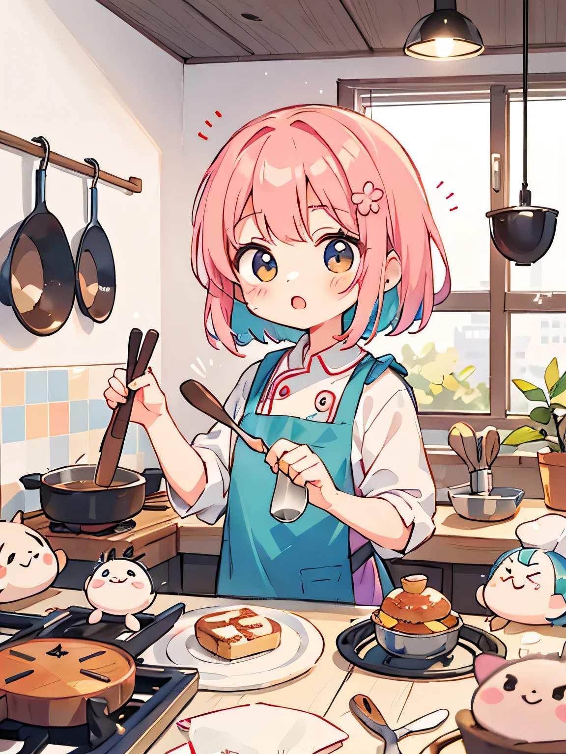 Momoko Sakura style, Kawaii Design, (((10 people)))、most beautiful girl ever、Chibi, Colorful bob hair、((Lots of friends))、children's room、(((cooking together)))