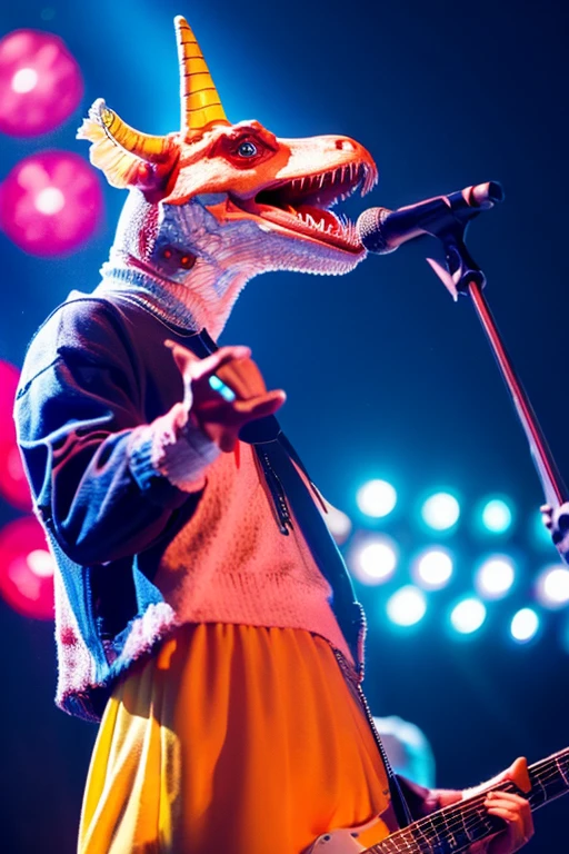A pop Tyrannosaurus singing with a microphone。colorful