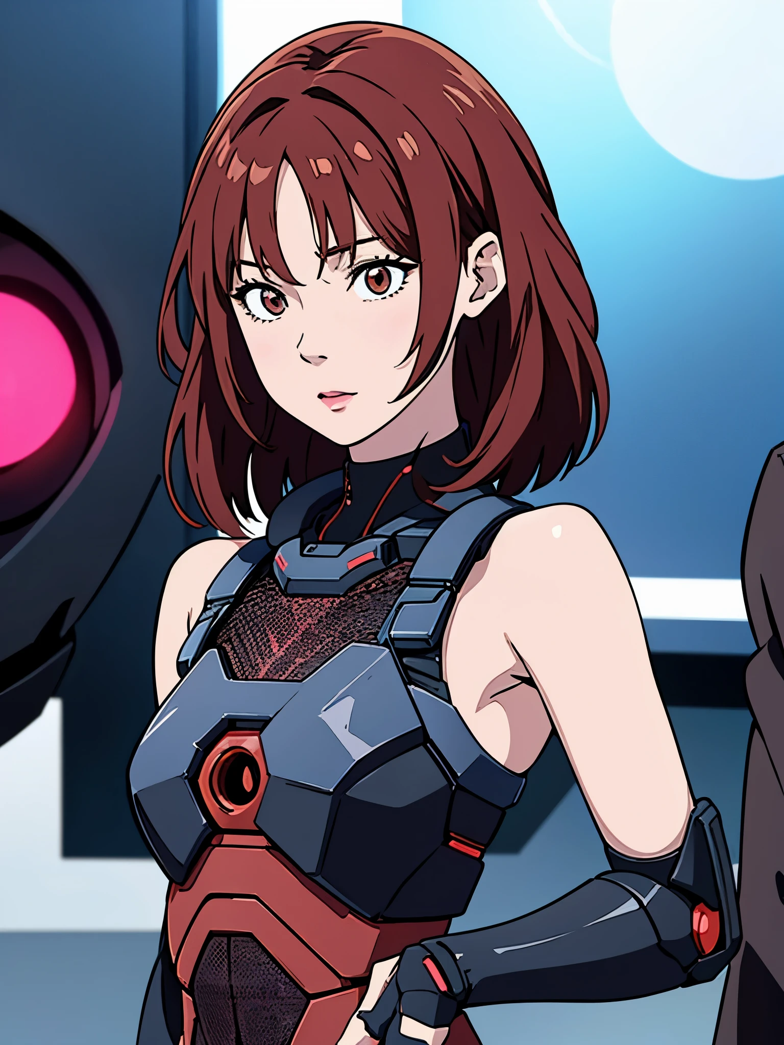 digital art drawing, illustration of (Winter from k-pop group aespa, short red hair with bangs, brown eyes, flat chest, cyborg girl, android, droid, mechanical fusion, exoskeleton, metal robotic arms, evil look, wires and cables connecting to the head, neon details, cyberpunk 2077), anime drawing/art, bold linework, illustration, digital art, masterpiece, flat illustration, no shadows, 8k resolution, high detail, vector art, only anime, perfect eyes, perfect hands, perfect fingers, sharpness, high clarity, medium shot, high fidelity
