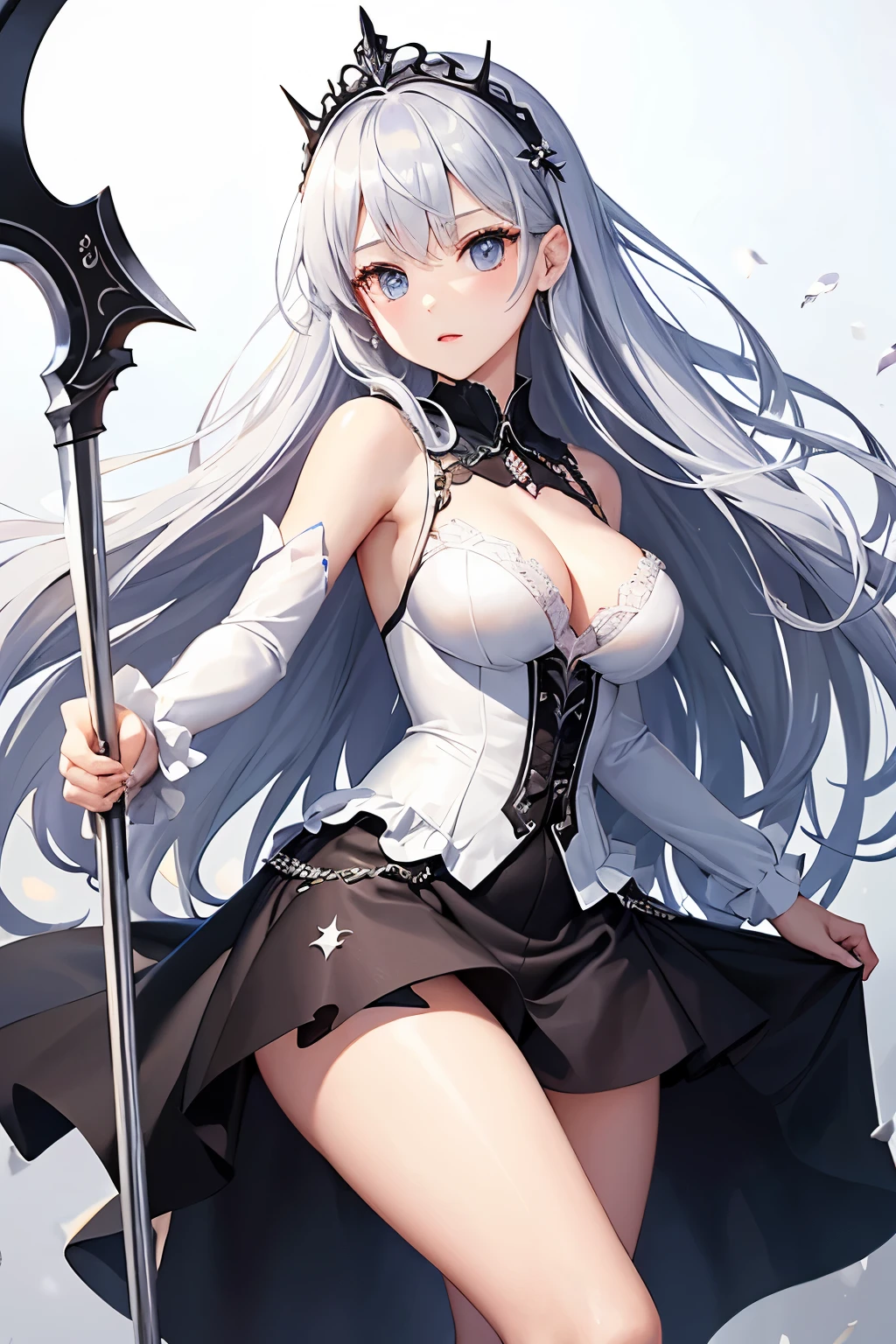 （（（highest quality、Masterpiece、Normal body、8k、Detailed face、Ultra-precision、Normal hand、Normal finger、５Finger、supreme）））Golden and silver hair、Princess、Gorgeous Dress、Frilled Skirt、Shiny Tiara、night armor、metal boots、White bra、White pants、Showing off、Skirt lift、death scythe、Overall view、Ripped Dress、Torn dress、Dress with holes、exposed skin、Grim Reaper、grim Reaper、Helper Reaper、背後にgrim Reaper