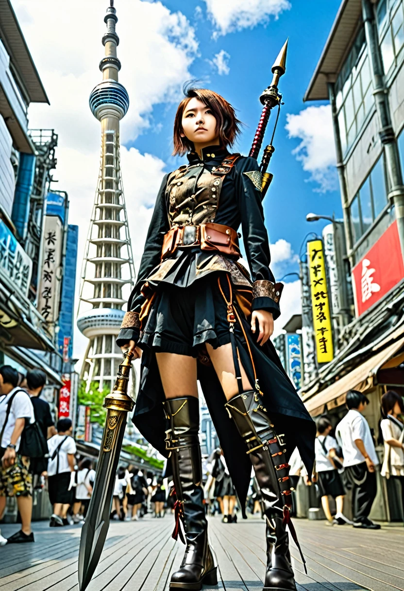 Future Tokyo Skytree Steampunk Teenage Girl Soldier Long Spear