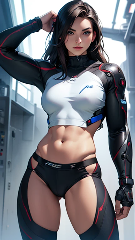 Beautiful cybernetic girl looking at camera in underwear detailed muscles realistic masterpieces dynamic poses 