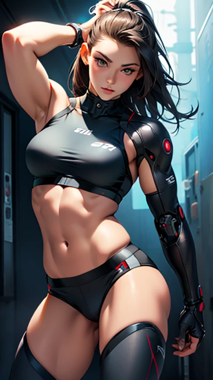 Beautiful cybernetic girl looking at camera in underwear detailed muscles realistic masterpieces dynamic poses