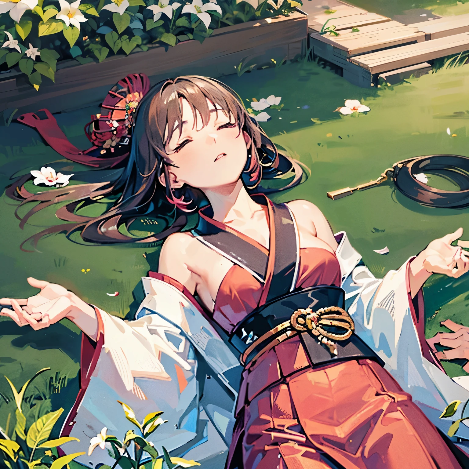 A woman in her 20s is found unconscious、Exhausted:1.1、Lying on one's back、Eyes closed、Head of State、Japan Judogi:1.1、pants、Wooden floor