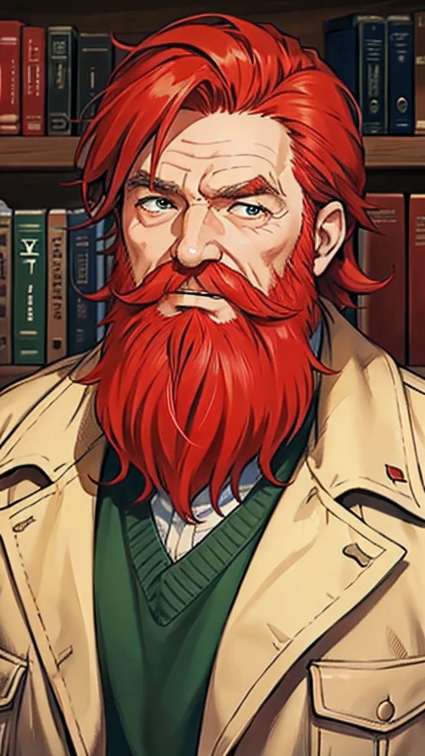 highest quality, character portrait, Old man, 60 years old, hobo, red hair, red beard, red temples, red eyebrows, green clothes, meritocracy, library