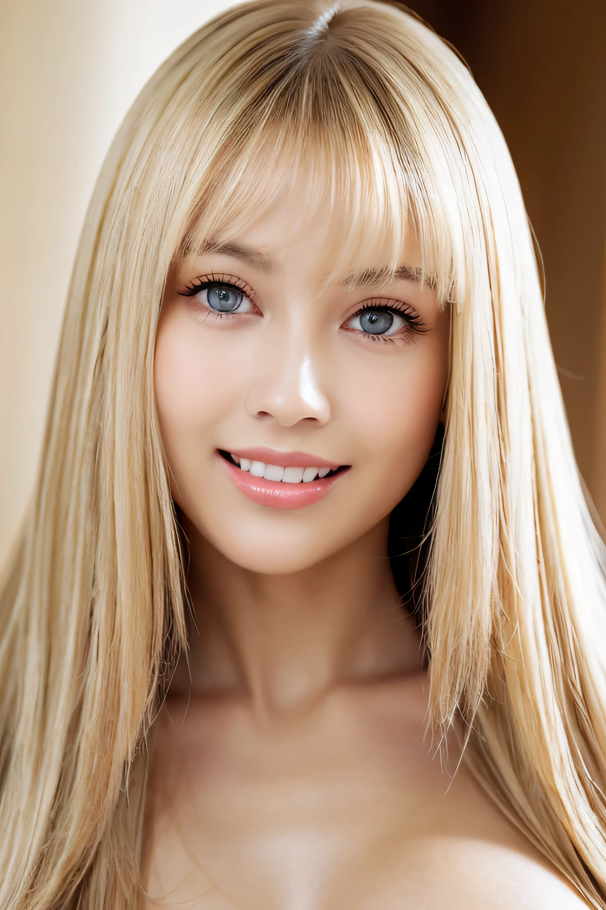 (Close-up of a woman&#39;s face)　((highest quality))　((masterpiece))　(detailed)　(Get used to it)　 Perfect Face　((view of her from above))　(Looking at the viewer and smiling)　((big breasts:1.4))　(White Lingerie), Beautiful Fantasy Girl　 　(1 girl)　(French)　(She is 20 years old、The most beautiful woman in France)　(Long blonde hair 　Long, shiny golden hair,Golden Silky Hair, straight blonde hair, Long blonde straight hair, Perfect silky straight hair, straight blonde hair, Long blonde hair, Her hair is long and straight, detailed Long blonde hair)　((neat bangs　The neatly trimmed bangs are princess cut and cover the entire forehead.))　　good, Anatomically correct hand　Thin fingers　anatomically correct five fingers　(Sexy professional makeup　Lipstick is light red　Brown eyebrows)　girl face, French facial features　Anatomically correct、Beautiful white human skin and detailed hands and fingers　Beautiful Eyes　Mouth details　the corners of the mouth rise slightly　(Thin lips)　Cool look　
