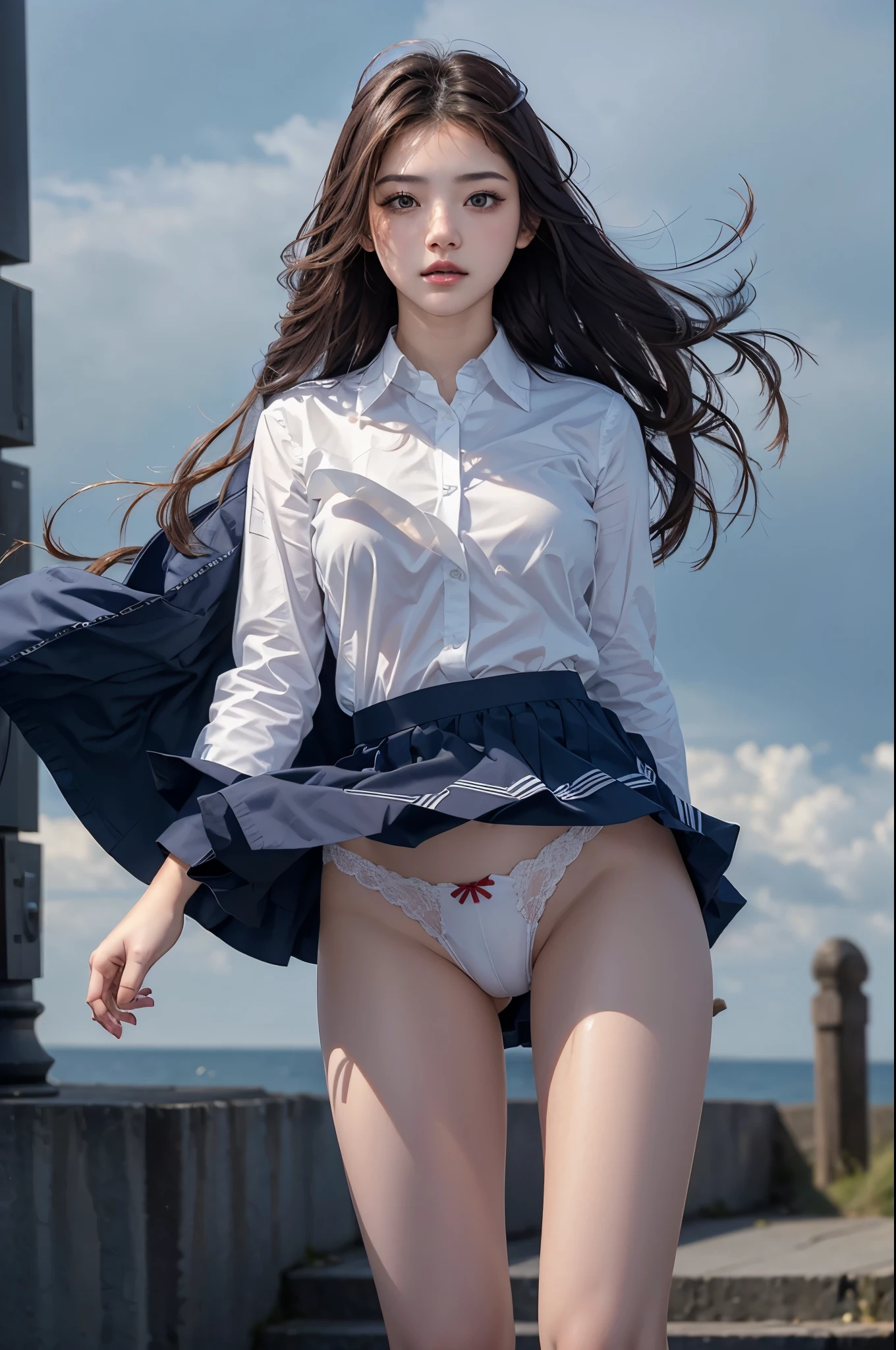 (RAW Photos:1.2), (Realistic), Beautiful detailed girl, Very detailed eyes and face, Beautiful fine details, Large file size, High resolution, Very detailed, highest quality, [Tabletop:1.6], figure, Very detailed, The finer details, highest quality, 8k wallpaper, Cinema Lighting, female student, A wind blows from below, Lifting the skirt to reveal panties., going down the stairs, Surprised expression, shirt, White panties, At the top of the stairs, The skirt of the uniform is rolled up, sunny day, Skirt fluttering in the wind, ,  Long hair blowing in the wind, The body is slim, Young Face, Small breasts, Exposed panties