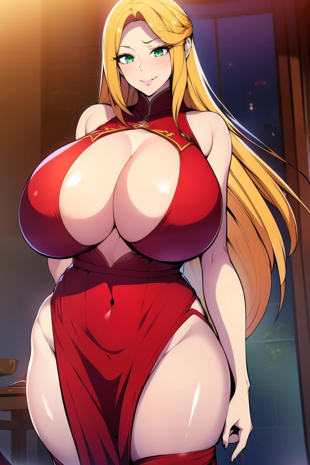 An anime-style artwork depicting Kousaka Shizuru from the game Honkai star rail.
Tags: Kousaka Shizuru, anime, detailed eyes, detailed lips, ass, bare shoulders, (blonde hair:1.4), (arabian dancer outfit:1.4), cleavage, pencil skirt, miniskirt,curvy, thighs, higheels, shiny clothes, skin tight, cleavage, long hair, solo, huge breasts, (green eyes:1.1),, smiling expression, intense gaze, dynamic pose, indoor, palace, vibrant colors, digital art, high-resolution, professional quality, gigantic breasts, (underboob : 1.4), curvy, cowboy shot, (gigantic breasts: 1.4),