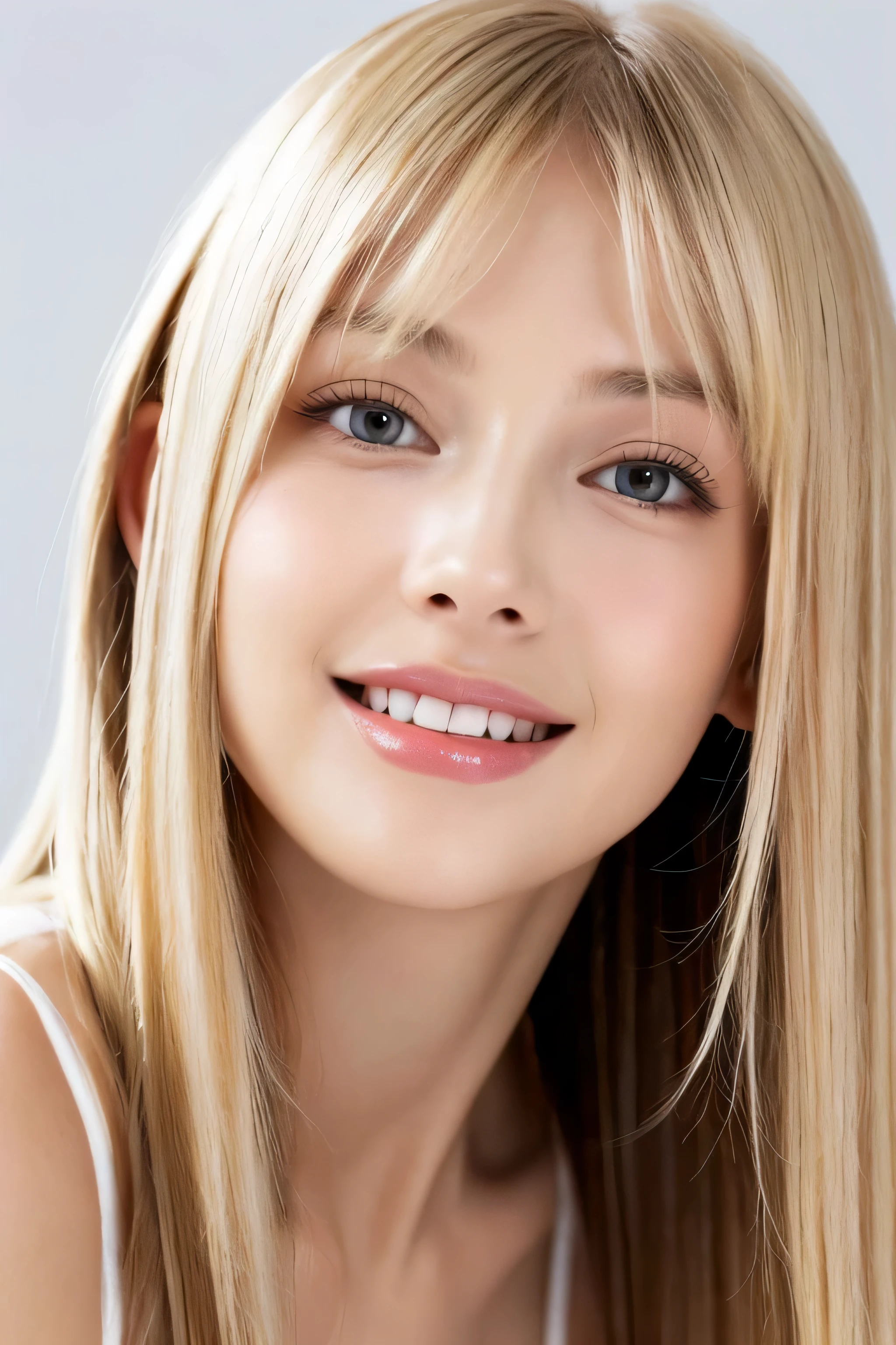 (Close-up of a woman's face) ((highest quality)) ((masterpiece)) (detailed) (Get used to it) Perfect Face ((view of her from above)) (Looking at the viewer and smiling) ((big breasts:1.4)) (White Lingerie), Beautiful Fantasy Girl (She is 20 years old、The most beautiful woman in France) (Long blonde hair Long, shiny golden hair,Golden Silky Hair, straight blonde hair, Long blonde straight hair, Perfect silky straight hair, straight blonde hair, Long blonde hair, Her hair is long and straight, detailed Long blonde hair) ((neat bangs The neatly trimmed bangs are princess cut and cover the entire forehead.)) good, Anatomically correct hand Thin fingers anatomically correct five fingers (Sexy professional makeup Lipstick is light red Brown eyebrows) girl face, French facial features Anatomically correct、Beautiful white human skin and detailed hands and fingers Beautiful Eyes Mouth details the corners of the mouth rise slightly (Thin lips) Cool look
