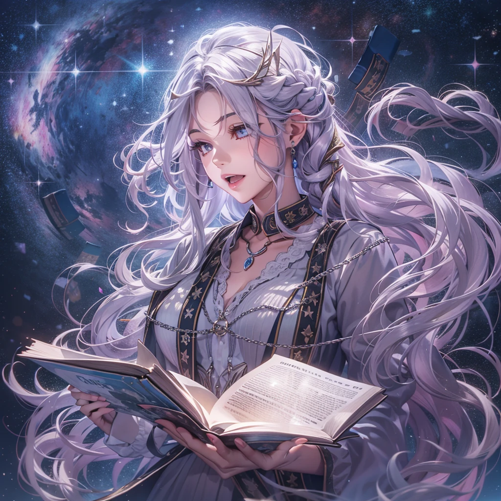 Andromeda、personification、(Beautiful silver hair long left and right2Adult woman with hairstyle modeled in braids in a book):1.3、((2Armed with a book chain)):1.8、(Beautiful spiral galaxy of the Andromeda Nebula shines in the night sky):1.9、masterpiece、realisitic、RAW