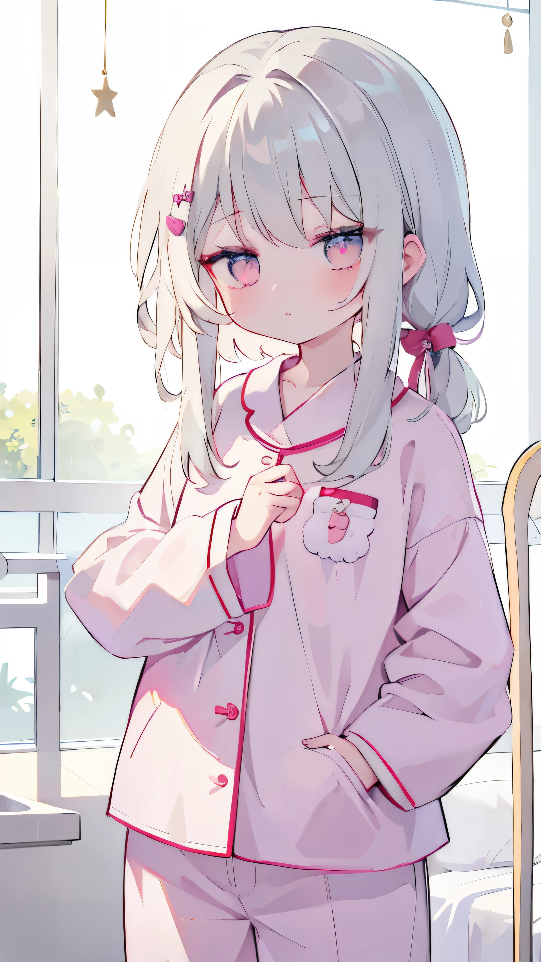 (pajamas1.5),A girl、friend、Keep a straight face,No Expression、masterpiece、Top image quality、Top quality、White-haired、Medium Length Hair、sigh、Lifeless eyes、Dark background、pajamas