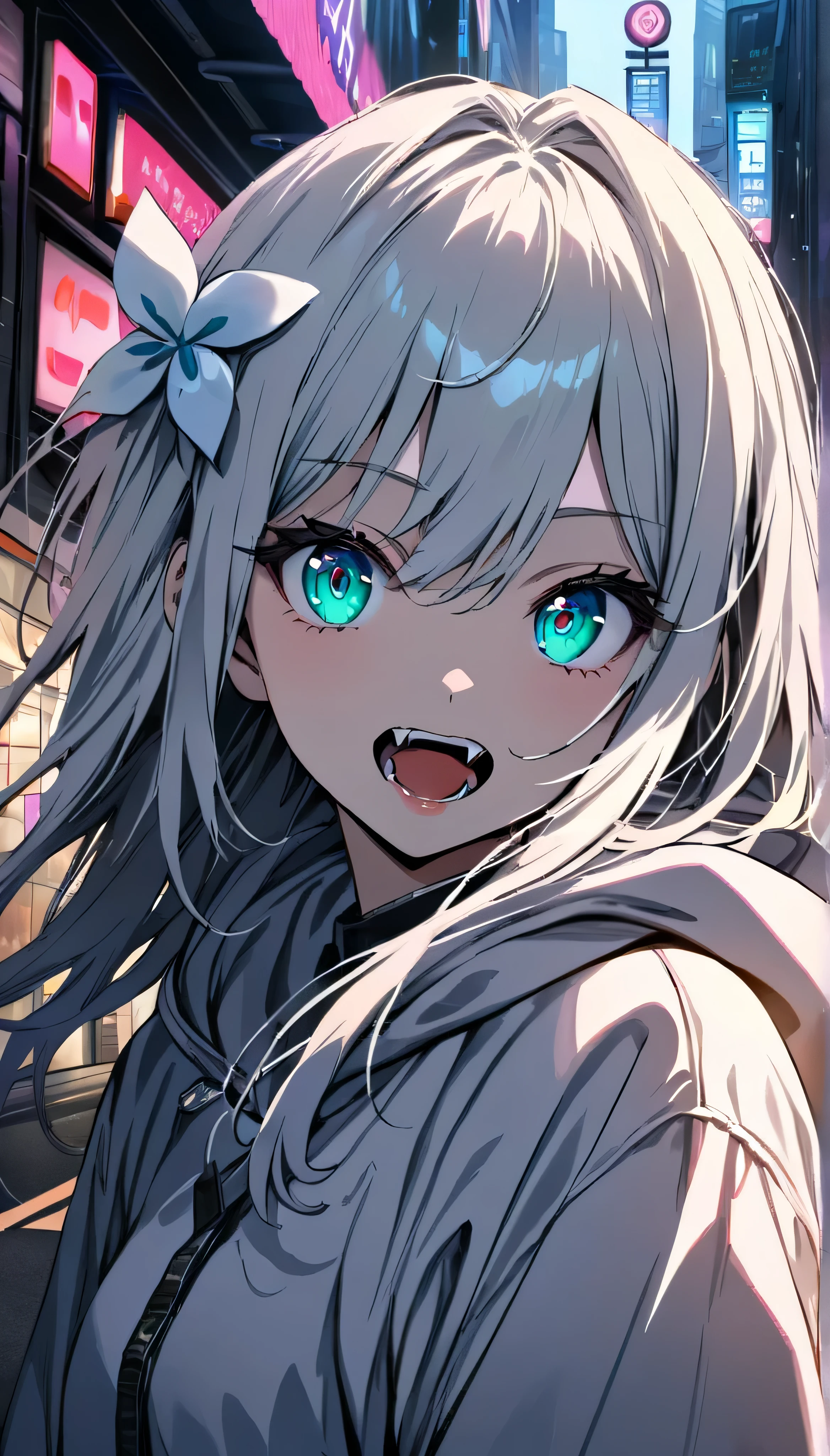 ((dark theme. full resolution. masterpiece. Full HD. very detailed. very detailed eyes. best quality.)) 1girl, beautiful young girl, long hair, white hair, beautiful aqua eyes, white hoodie oversized, in neon japan city. In street. Open mouth. Fangs. White flower hair ornament. Saturate