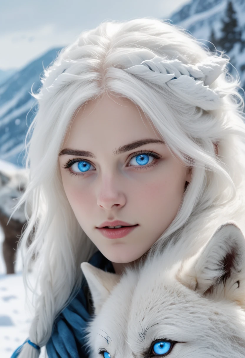 girl with white hair and bright blue eyes looking at viewer, white wolf with bright blue eyes, snowy landscape, close up, 8k, uhd, masterpiece,
