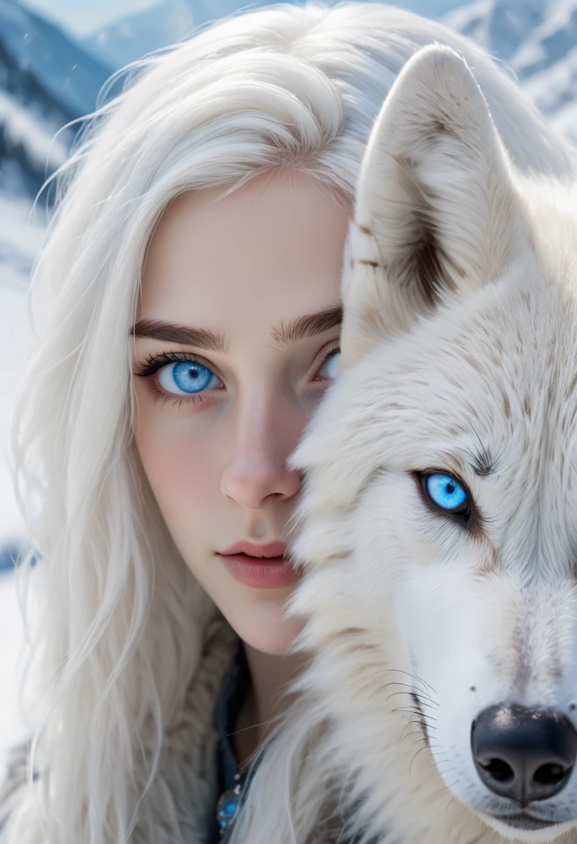 girl with white hair and bright blue eyes looking at viewer, white wolf with bright blue eyes, snowy landscape, close up, 8k, uhd, masterpiece,