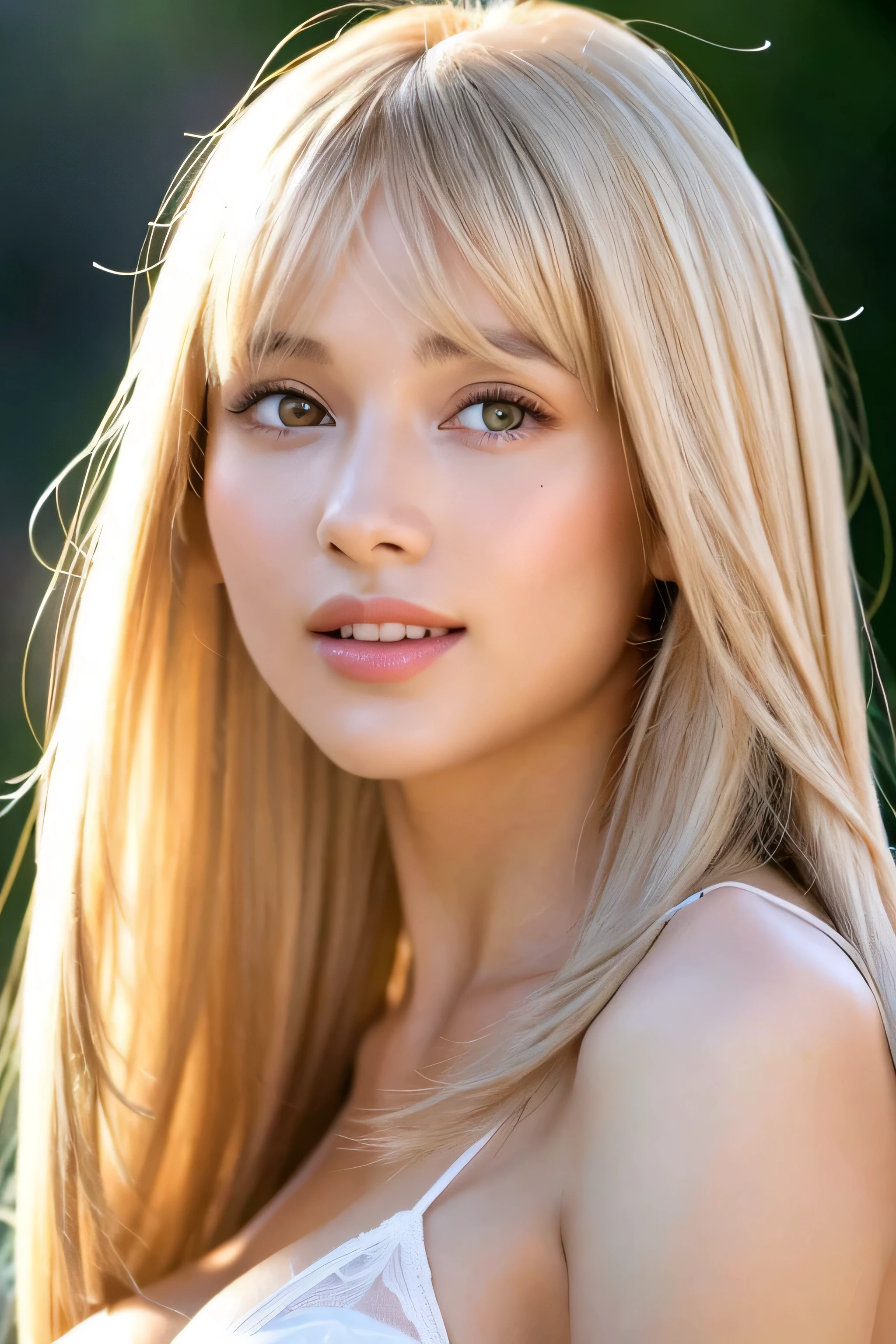 (Close-up of a woman's face) ((highest quality)) ((masterpiece)) (detailed) (Get used to it) Perfect Face ((view of her from above)) (Looking at the viewer and smiling) (big breasts) (White Lingerie), Beautiful Fantasy Girl (She is 20 years old、The most beautiful woman in France) (Long blonde hair Long, shiny golden hair,Golden Silky Hair, straight blonde hair, Long blonde straight hair, Perfect silky straight hair, straight blonde hair, Long blonde hair, Her hair is long and straight, detailed Long blonde hair) ((neat bangs The neatly trimmed bangs are princess cut and cover the entire forehead.)) good, Anatomically correct hand Thin fingers anatomically correct five fingers (Sexy professional makeup Lipstick is light red Brown eyebrows) girl face, French facial features Anatomically correct、Beautiful white human skin and detailed hands and fingers Beautiful Eyes Mouth details the corners of the mouth rise slightly (Thin lips) Cool look