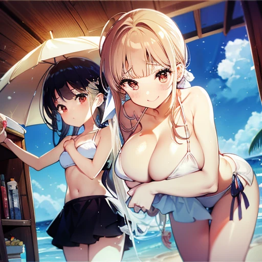 Skin color、Bikini Swimwear、White Bikini、Huge breasts、A soft chest、Big breasts that can&#39;t be hidden、Protruding big breasts、Blushing older sister、A tired older sister、A grinning older sister、Older sister with red cheeks