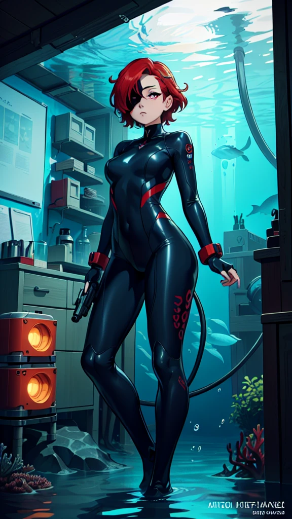 Cartoon photo of woman, Guyver style, SFW version, red eye, bellows tail, cel shade adult animation, serpentine pose,(indoor, masterpiece, best quality, masterpiece, best quality, finely detail, beautiful detailed eyes, ultra detailed, extremely beautiful CG, super detailed skin, best quality, intricate, {{high quality}}, extra colors, 2D, megapixel, perfectionism, accent lighting, full HD, 4K, 1girl, full body, 1girl, solo female, mature female, (((full body)))++, contrapposto, red hair, short hair, weird red hair, short red hair,(( red eyes, ((beautiful detailed eyes right and eye patch on left eyes)))++++, collarbone, best quality, beautifully detailed face, ray tracing, DOF,HDR, thigh-highs, fingerless gloves, skintight clothe, fully clothed, gloves, sneaking suit, tactical gear, tactical uniform, camouflage bodysuit, skintight bodysuit, sneaking suit, tactical gear, full clothed, gainax,
break,
indoors, dark science fiction laboratory concept art, concept art, 80' horror movie ambience, full_body_shot, determined_expression, holding_gun,
dimly_lit, blue_theme, futuristic ceiling with cables, monochrome, mysterious, gauges, control_panels, sonar_equipment, metal_walls, cinematic light, break cinematic medium shot, the body of the character and on the same plane, the size of the character and the scale of the setting, character and in the middle of the corridor and the water reaches his knee, gloomy atmosphere, science fiction background,)
(outside, deep under water base background, glowing, ((((3800 meters deep under water base)))++, official art, water infiltration, deep under water visible through long and small window, outdoor Pipeline under water see through window, science fiction laboratory, deep under water science fiction laboratory background, low water level on ground, oxygen_tank, coral_reef, aquatic_environment, ),