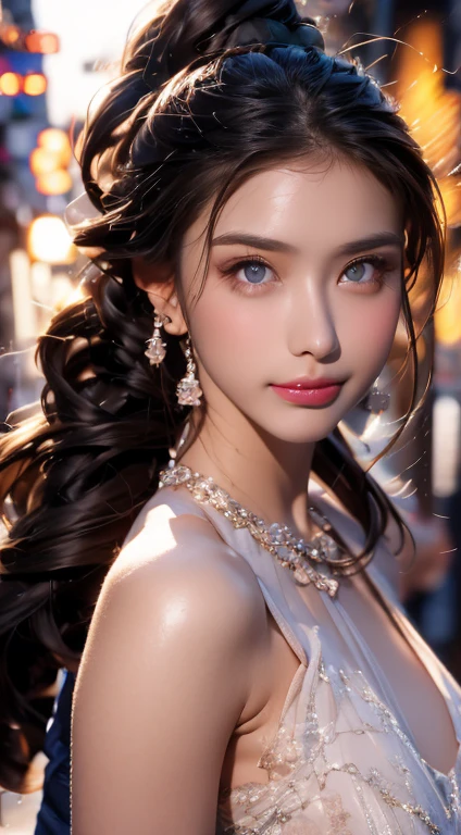 Urban beautiful girl college student, masterpiece, light makeup, red lips, silver hair, messy long hair, street background, beautiful, elegant. super fine details, master works, authentic texture, cinematic lighting realism, perfect job, 16K, hd, exquisite features,blue eyes、japanese idol、Beautiful Face、cute smile、brown hair、beautiful hair、ponytail、glamorous、 big breasts、erect nipples、Oily muscle、shiny skin、tanned skin、Black glowing skin、Wearing a bra top and thong, bright big eyes, smooth skin, earrings, necklace, tattoo