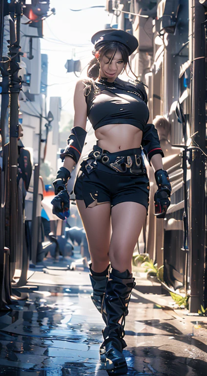 ubel,dark green hair,long hair,side ponytail,hair between eyes,bangs,  (beret, black jacket, open clothes, cleavage, midriff, black shorts, black thighhighs, thigh strap, fingerless gloves, single glove:1.2), Photo,sharpness, F1.6 lens,hyper-realistic textures,spectacular light textures, Cinestil 800 Fashion Mechanics,(((Beautiful girl:1.1)),Appearance,Beautiful girl with accentuated slender abs: 0.8,six-pack abs: 1.0, Bust Botox,Standing on tiptoe, long legs,Long brown hair fluttering in the wind,Brown hair, Long hair, Female batle Costume,(No panties,No bra),(tacticul battle fashion, tacticul battle fashion, battle glove: 1.1),((cute batre costume)),The belly comes out and the navel is visible,Thin pubric hair, combat gloves,shredded costumes,cyber long combat boots with golden knee pads,Anatomical,(futuristic sci-fi battle fashion, new elbow and knee cyberpads, new cyberlong boots, new cybergloves: 1.1),(tied perfectly by iron chain), Restraint, Slave, collars, contempt, (Chained), 4 chains hung from heaven, Metallic shackles and fetters, wet crotch clearly visible,((Hands are restrained above the head)), the neck is chained,Chain from left knee to heaven,Chained by rusty iron chains,((the tip is protruding, areolas protruding,The shape of the pubic area is clearly visible:1.2)),Sweating,Wet,Wet crotch,Wet thighs,Junkyard, Realistic, (cute, perfect clothes, skimpy clothes, cute: 1.3) ,Vast miritary base in us,((wide mirtary hospital with summer sunlight)), peeling ceilings, Rebar between, Realistic material details, Extreme details, Ultra-realistic materials,narrow waist,(with sparkling eyes and a contagious smile:0.9),looking at viewer,
