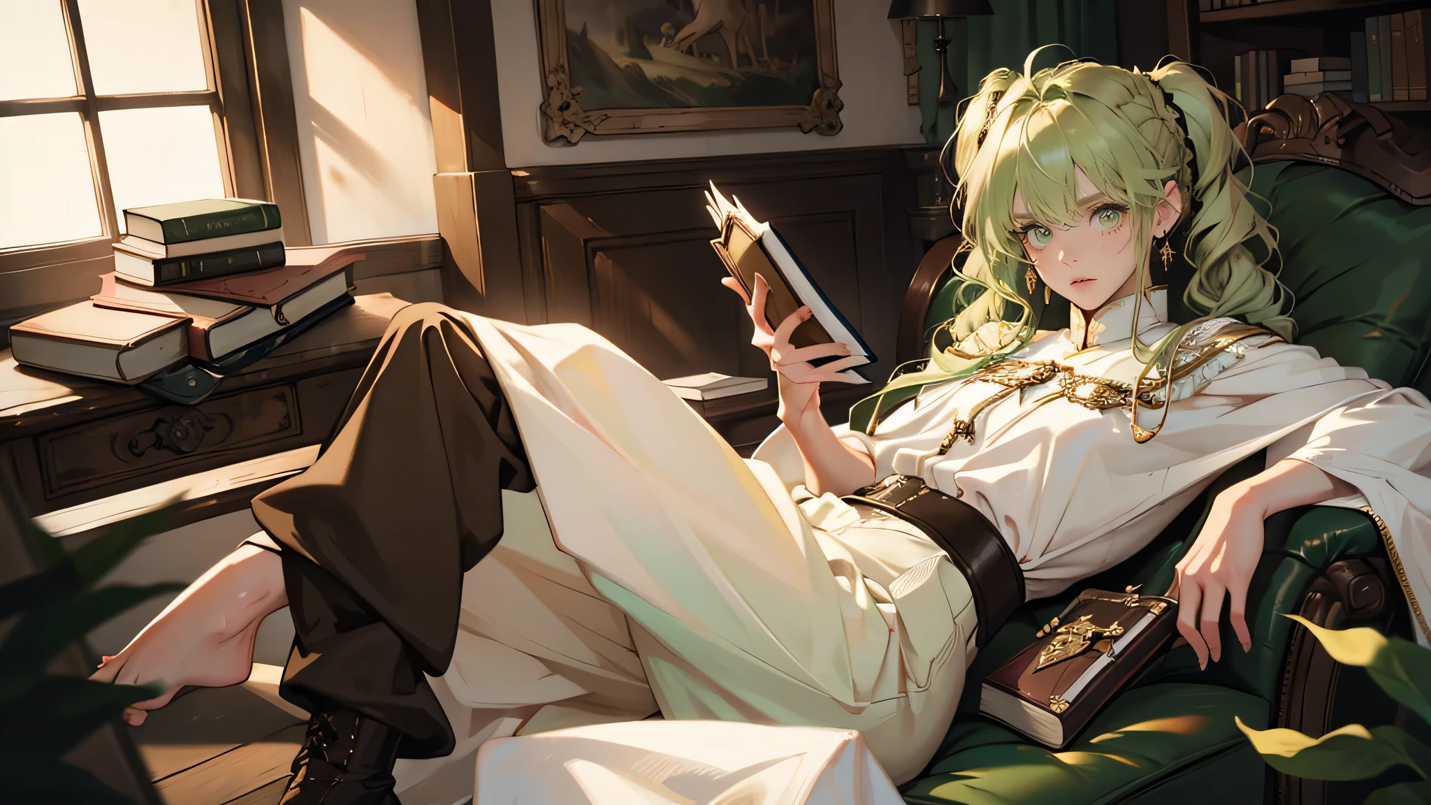 masterpiece, ultra detailed, 8k portrait, RAW photo, portrait photography, highly detailed face, beautiful and meticulous eyes, ((Fantasy)), Young beautiful, 15 years old, (((drooping eyes))), dynamic pose, (((short wavy light green hair))), ((braided twin tail)), parted bangs, White skin color, Luxury, (((white tunic))), ((((brown wide pants)))), (((brown cape))), (((little waist hip pouch))), high cut leather boots, ((holding magic book)), Midday Sun, hyper realistic, slender body, flat chest, Long legs, on the medieval road, Ambient lighting, Shadow details , Camera focus on face, strong breeze, Light fog