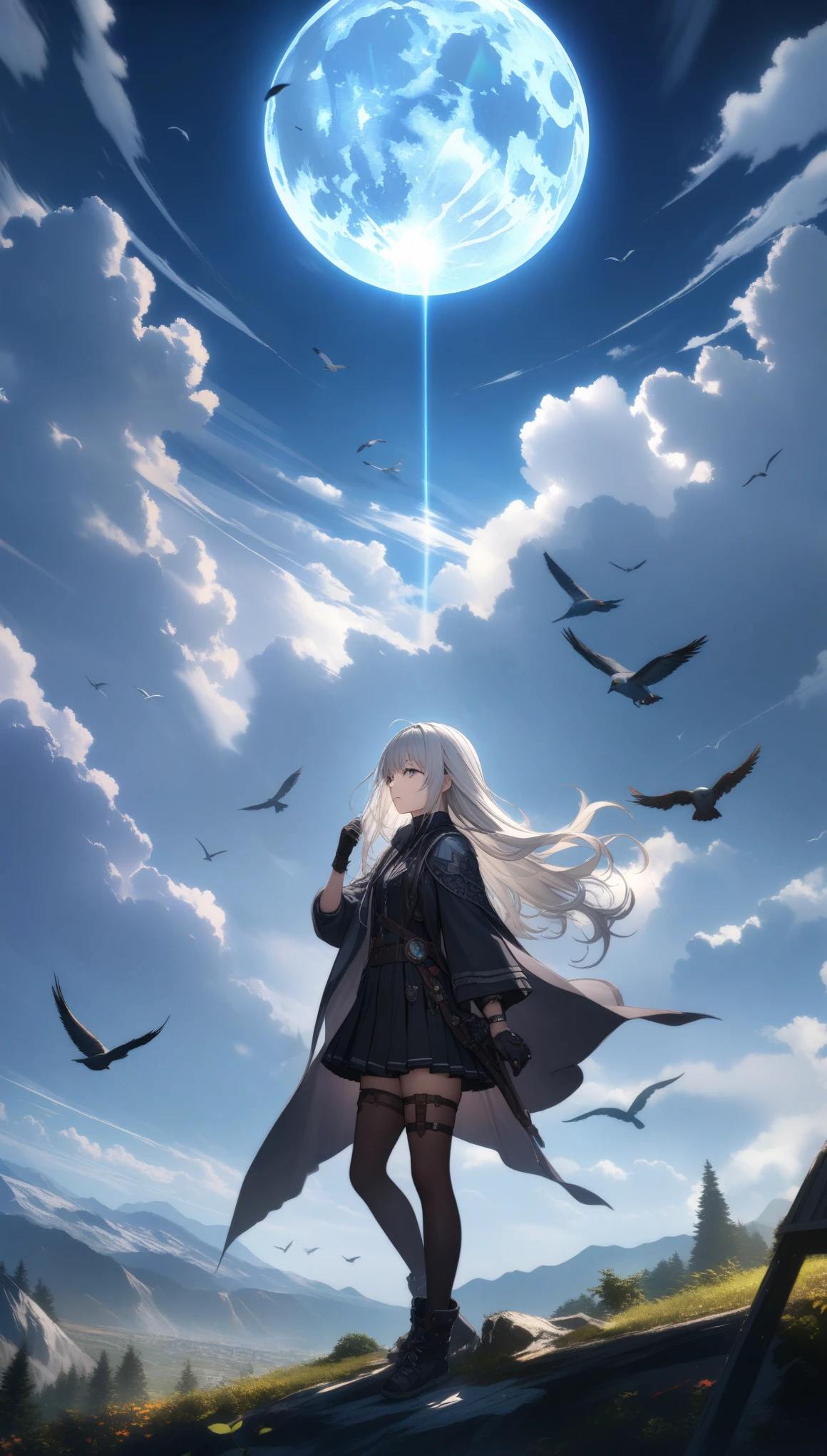 32k, best quality, ultra high res, HDR, UHD, extremely detailed CG, unity 32k wallpaper, highest quality, Very detailed, masterpiece, Super detailed, cloud, witch_Have, Have, 1 Girl, null, green_null,Day, length_hair, cloudy_null, moon,bird, alone, Silver_hair, witch, Outdoor,