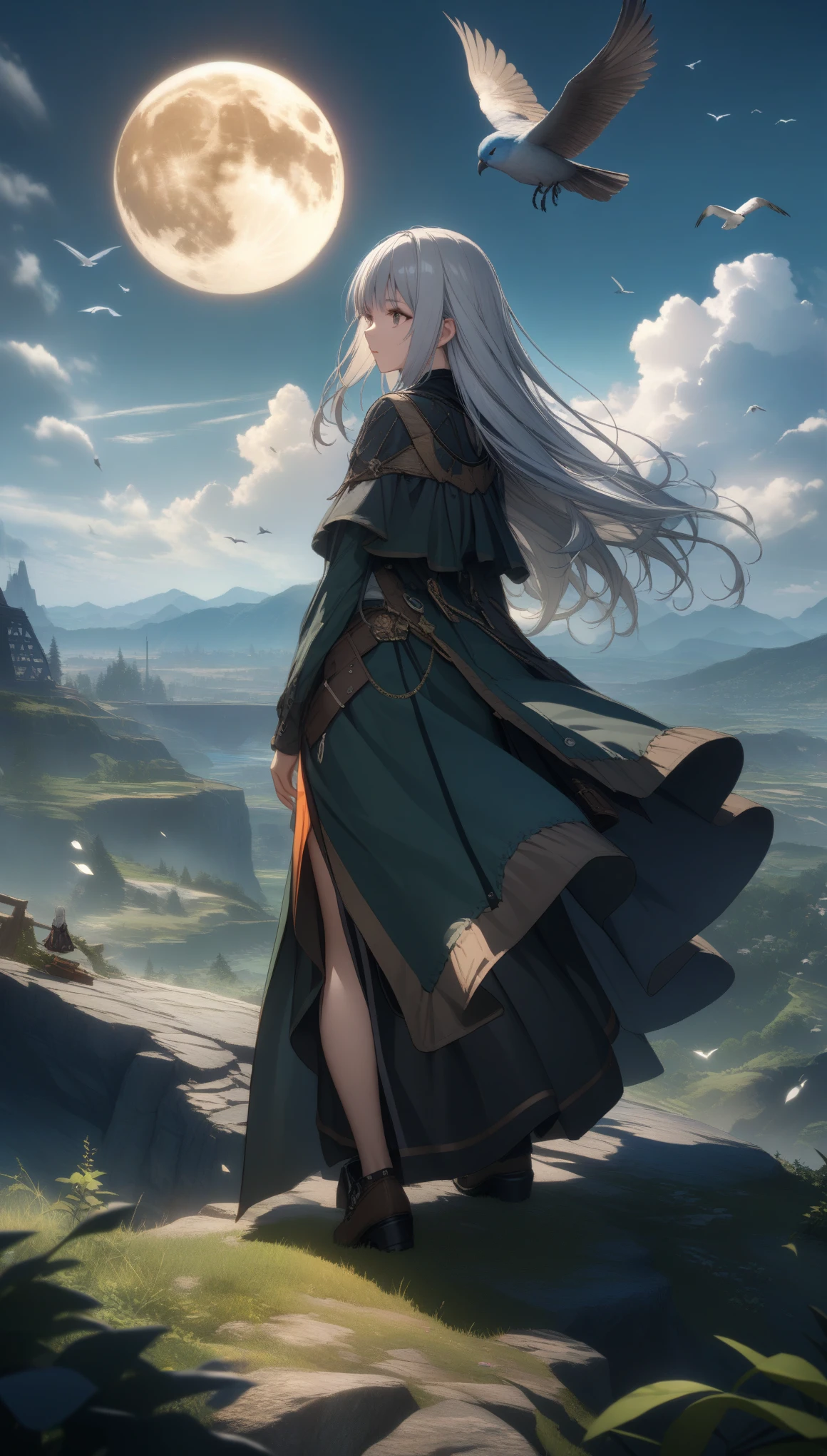 32k, best quality, ultra high res, HDR, UHD, extremely detailed CG, unity 32k wallpaper, highest quality, Very detailed, masterpiece, Super detailed, cloud, witch_Have, Have, 1 Girl, null, green_null,Day, length_hair, cloudy_null, moon,bird, alone, Silver_hair, witch, Outdoor,