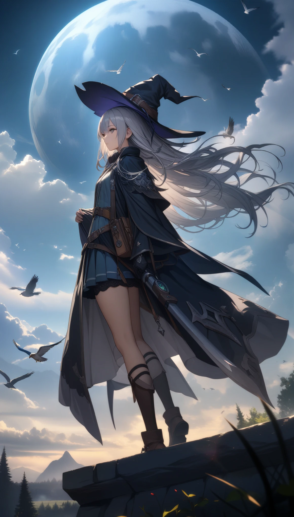 32k, best quality, ultra high res, HDR, UHD, extremely detailed CG, unity 32k wallpaper, highest quality, Very detailed, masterpiece, Super detailed, cloud, witch_Have, Have, 1 Girl, null, green_null,Day, length_hair, cloudy_null, moon,bird, alone, Silver_hair, witch, Outdoor,