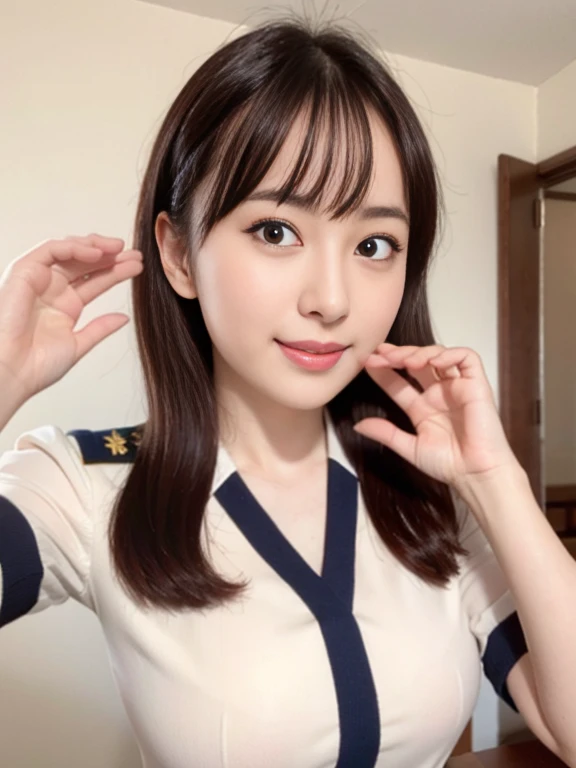 Raise your hand to the camera、White naval uniform、Wearing a medal、Japanese women,（whole body）、mini skirt、26 years old、 Very beautiful face,  Beautiful girls, Beautiful realistic face,  