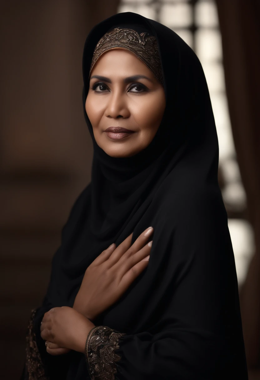 50 year old fat Indonesian woman nude only wearing a black hijab, detailed effect of pores on face, very realistic, super detailed, ultra HD, 8K Resolution