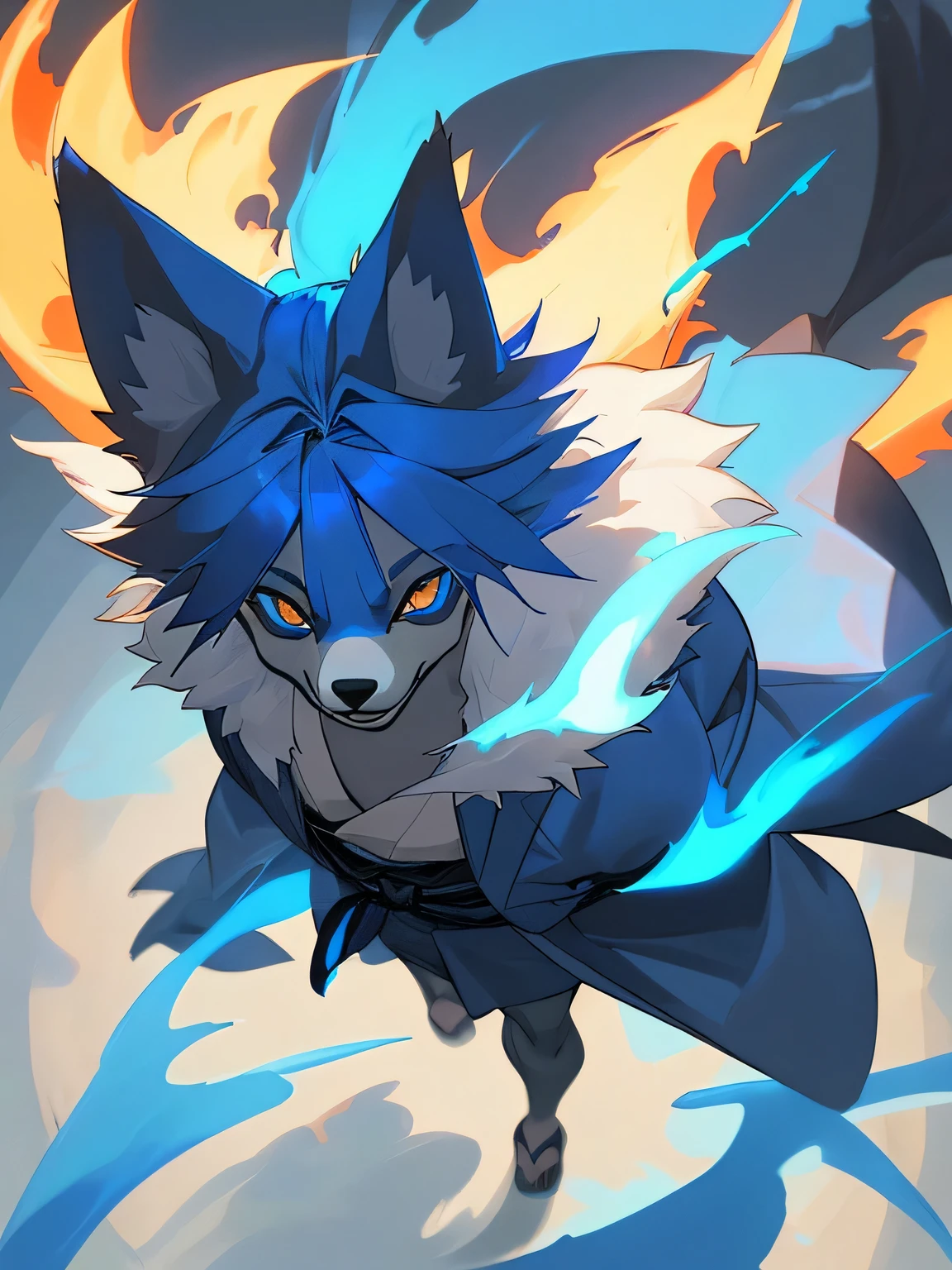 Blue fur boy,canid,Short kimono,Blue, shining eyes,Fearless smile,Cool scene,View from above,Cute design,Blue Flame,fireball,Furry,youth,Furry,Indigo Hair