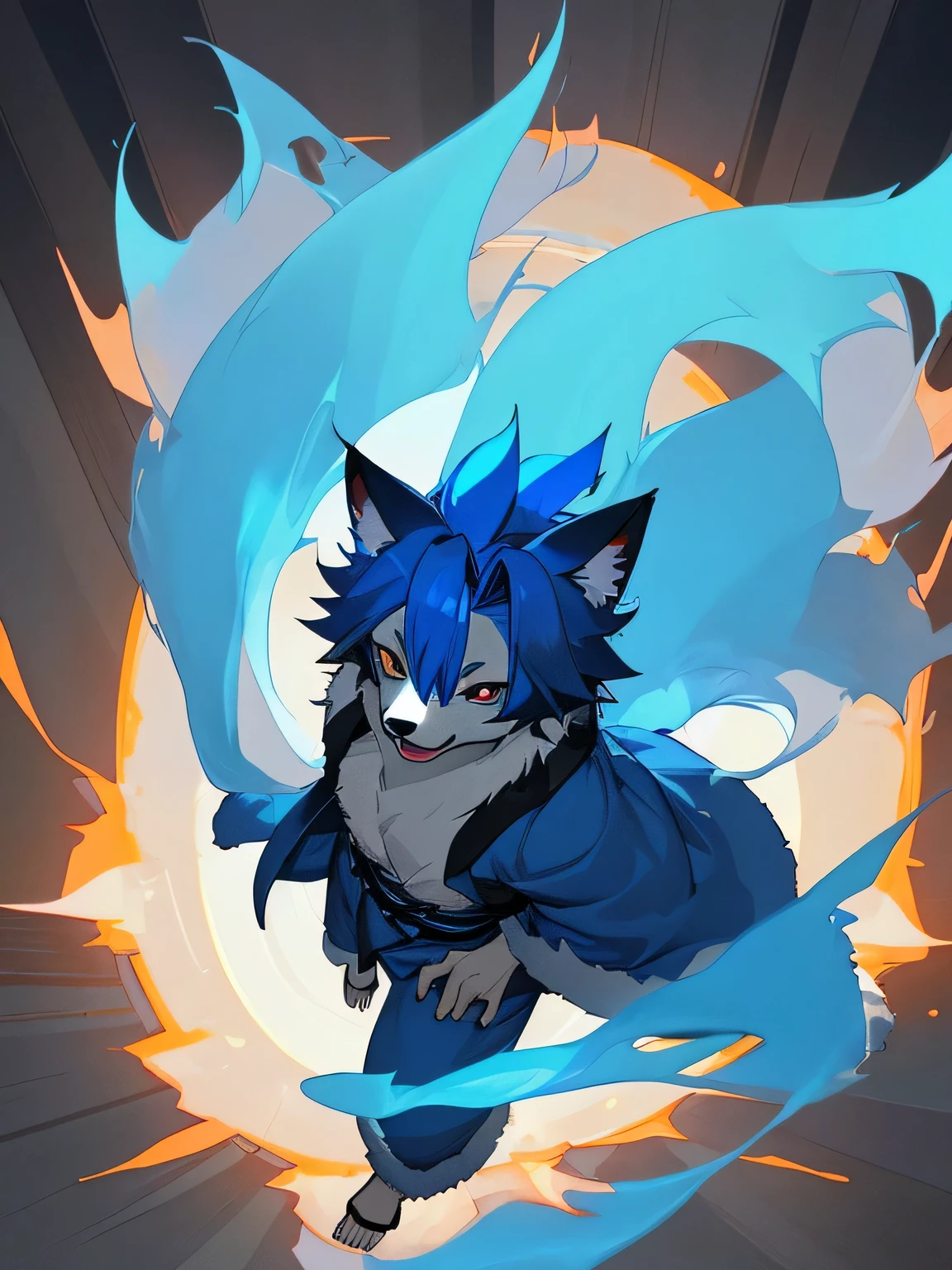 Blue fur boy,canid,Short kimono,Blue, shining eyes,Fearless smile,Cool scene,View from above,Cute design,Blue Flame,fireball,Furry,youth,Furry,Indigo Hair