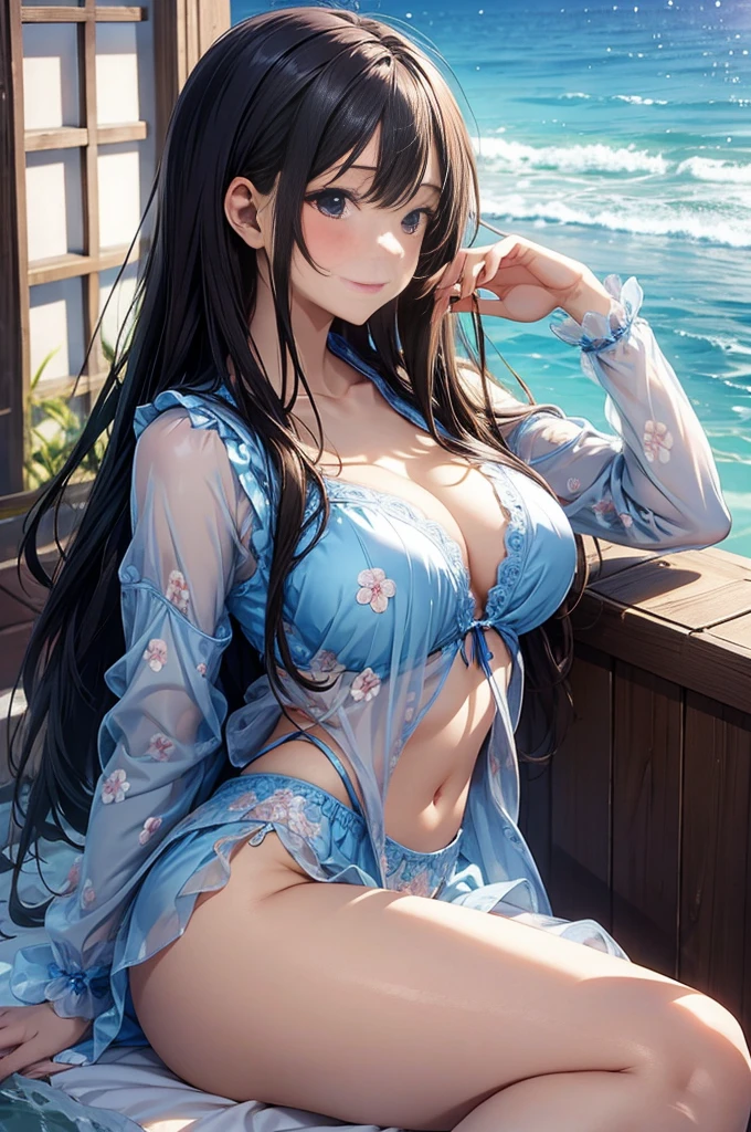 (Enrich your photoasterpiece quality)Beautiful 8K CG artwork,Goddess-like posture,Sit by the river,Posture Exercises,Slim and soft,Clear skin,Black Hair、The beauty of super long hair, Super long straight hair,The skin is white and juicy,Underwear uniform,Point of View Part 1.Silhouette effect is doubled,Exquisite transparent blue pattern on pajamas,Every detail is carefully crafted,The background is a bit blurred,Attractive and seductive legs temptation,Drooling,J Cup Extra Large Big,blush,Japanese Goddess,Perfect body slim curves,Seaside scenery,