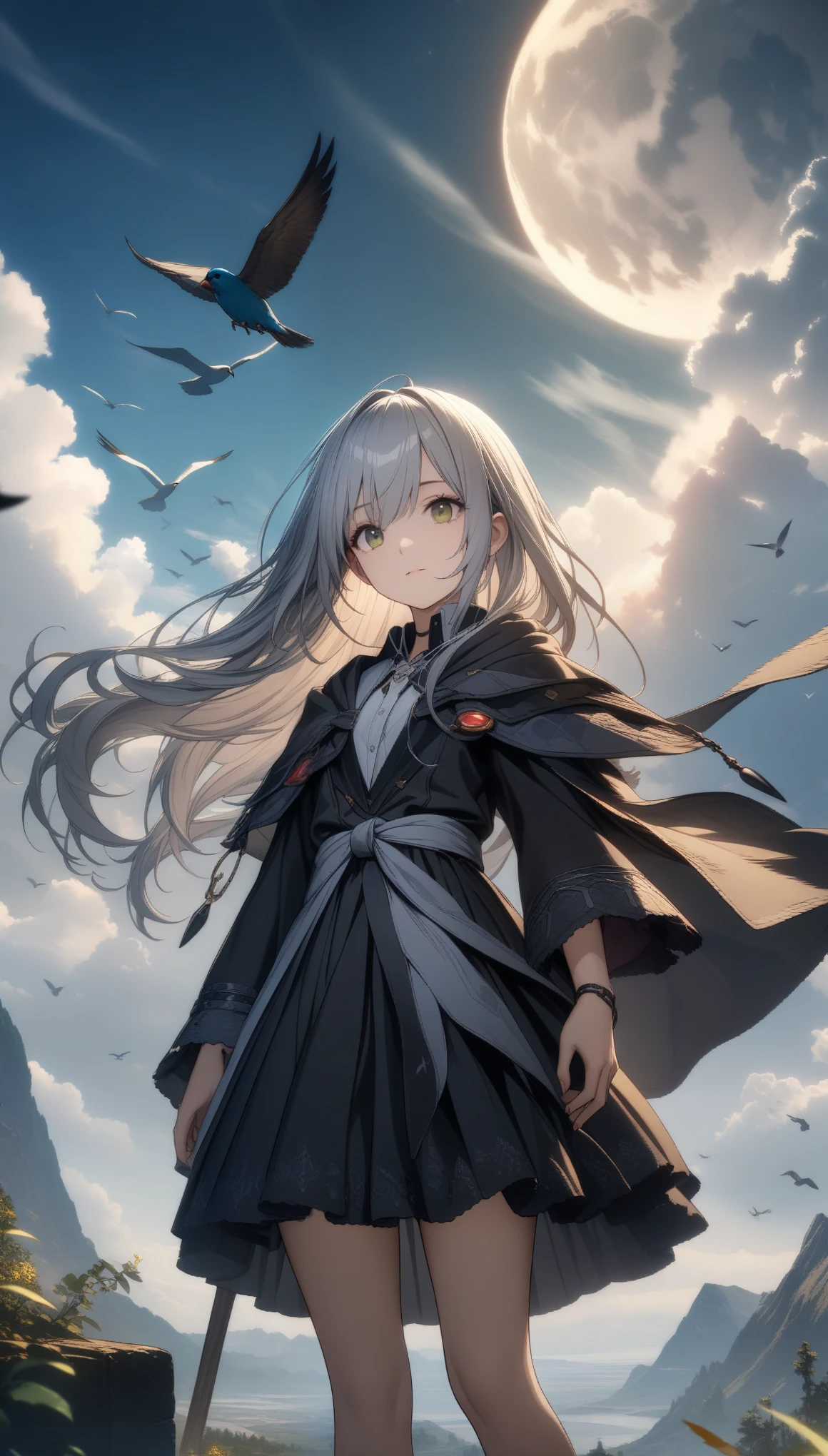 32k, best quality, ultra high res, HDR, UHD, extremely detailed CG, unity 32k wallpaper, highest quality, Very detailed, masterpiece, Super detailed, cloud, witch_Have, Have, 1 Girl, null, green_null,Day, length_hair, cloudy_null, moon,bird, alone, Silver_hair, witch, Outdoor,