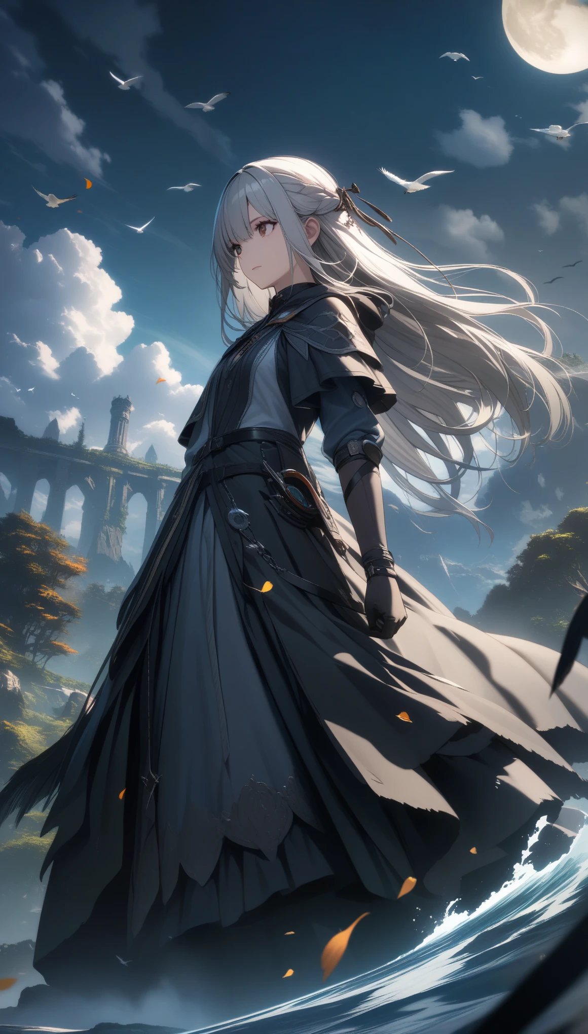 32k, best quality, ultra high res, HDR, UHD, extremely detailed CG, unity 32k wallpaper, highest quality, Very detailed, masterpiece, Super detailed, cloud, witch_Have, Have, 1 Girl, null, green_null,Day, length_hair, cloudy_null, moon,bird, alone, Silver_hair, witch, Outdoor,  