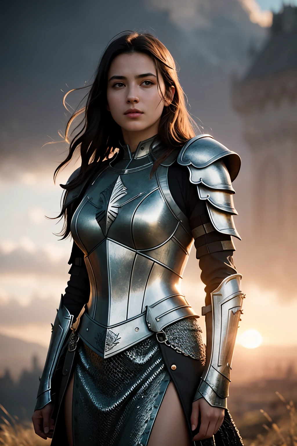 Masterpiece of a girl, the most beautiful in the world, adorned in extremely intricate medieval armor. The reflective metal surface gleams under the intense sunlight, showcasing her upper body in an outdoor setting. In the background, a far-away castle stands majestically. This realistic portrait is a professional photograph, with sharp focus and dramatic effects. Novel elements include volumetrics in DTX, film grain, and motion blur creating a cinematic lighting effect, enhancing the award-winning, cinematic quality of the image. Octane Render in Unreal Engine brings the detail to life, with sunset tones and depth of field adding to the overall aesthetic. Chainmail texture completes the