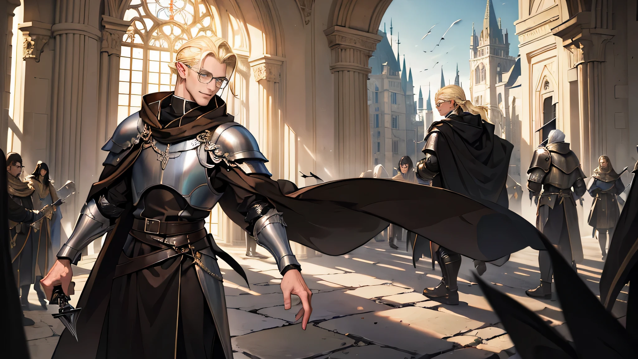(((((male))))), masterpiece, ultra detailed, 8K Portrait, Raw photo, man's portrait photography, Highly detailed face, beautiful and meticulous eyes, ((Fantasy)), 35 years old (((man))), (((Male body))), elf, 190 cm, tall, Glasses, ((Blonde)) Ponytail (((slick back hair))), Kind face, Smile, adventurer, Hooded (((Dark brown silk long cloak))) Fluttering in the wind, (((Male White Plate Armor))), Leather boots, Holding a long magic sword, Midday Sun, Hyper realistic, Strong body, Long legs, in a castle, Ambient lighting, Shadow details , Camera focus on face, strong breeze, Light fog